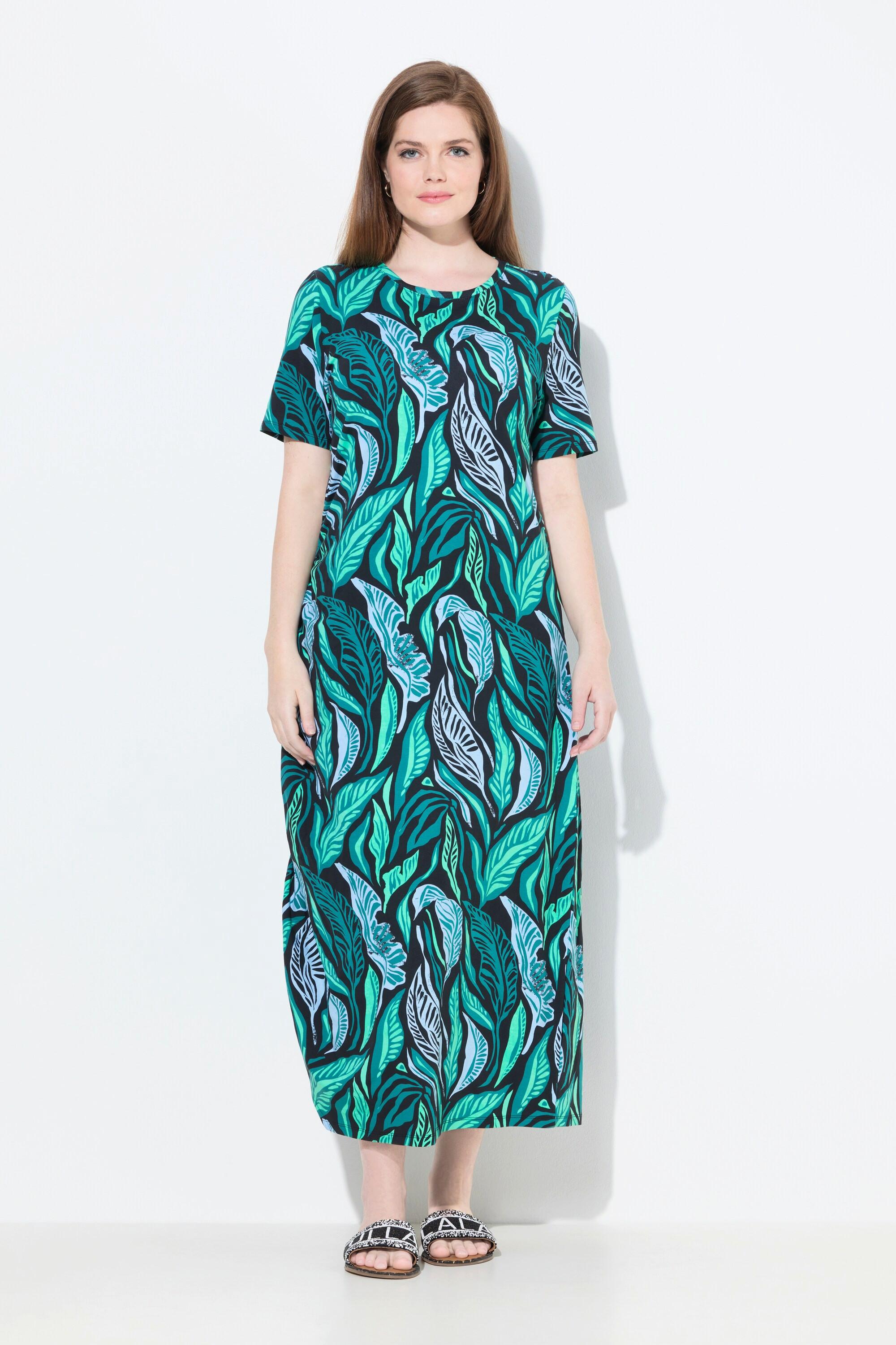 Ulla Popken Maxi Abito Stampa Giungla Scollo Rotondo Mezze Maniche  