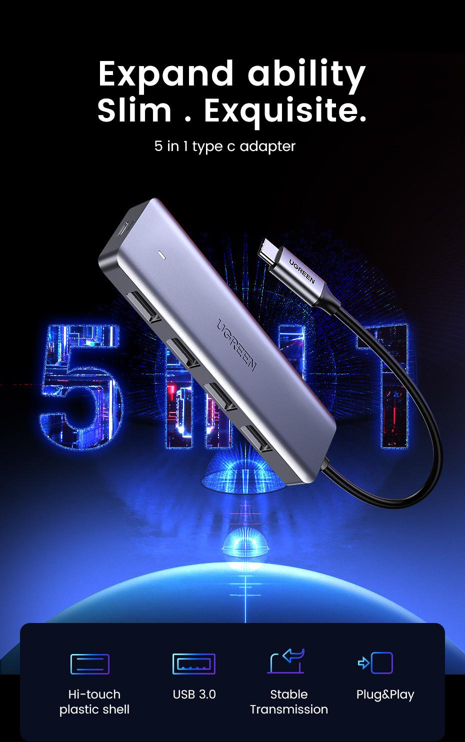 UGREEN  Hub USB 3.0 à 4 ports Ugreen avec alimentation USB-C 