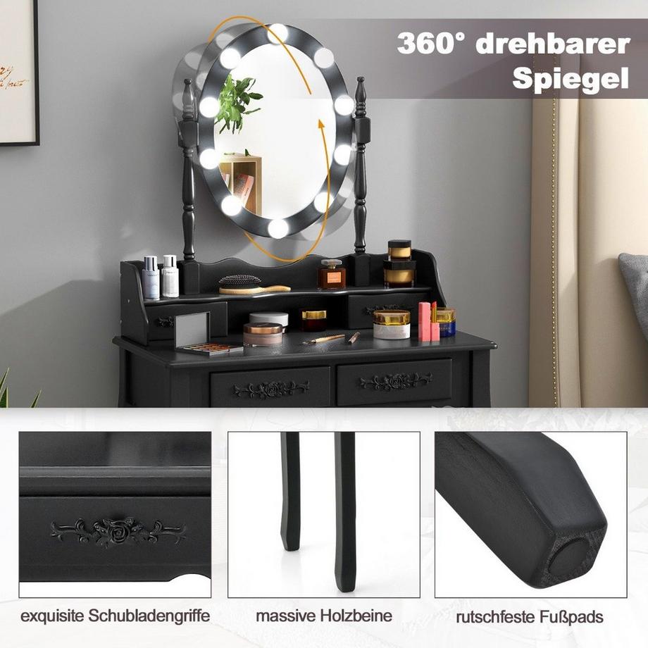 Northix  Schminktisch mit LED-Beleuchtung einstellbare Helligkeit Frisiertisch mit 4 Schubladen Schwarz 