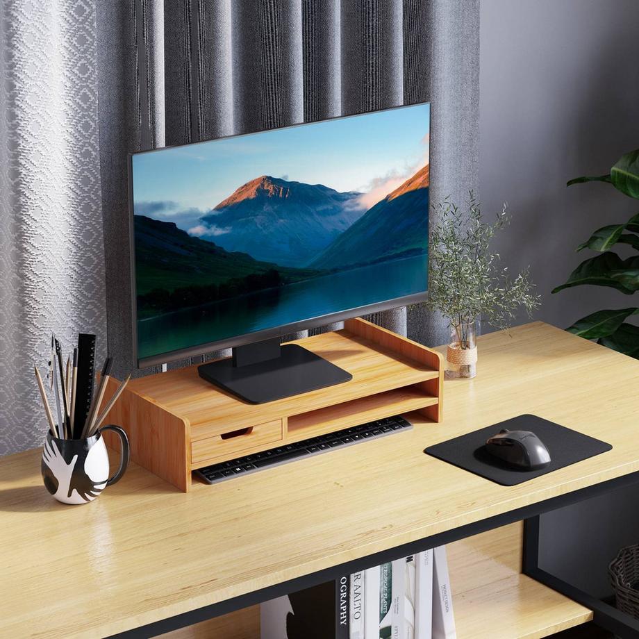 Northio Supporto per monitor supporto per schermo organizer da scrivania, con cassetti, naturale, L49xL25,5xH11,5 cm  