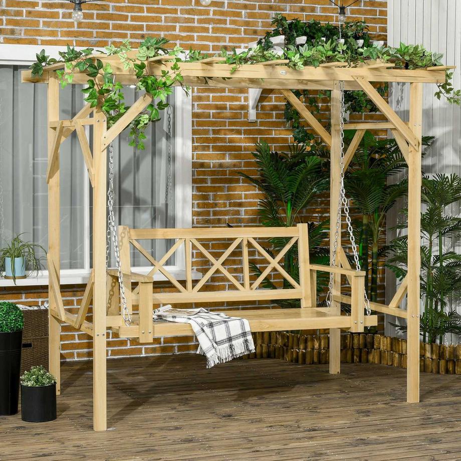 Northio Hollywoodschaukel Mit Pergola, 2-Sitzer Gartenschaukel, Wetterbeständige Schaukebank Für Garten, Massivholz, Natur, 221 X 140 X 196 Cm  