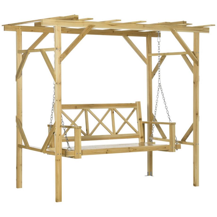 Hollywoodschaukel Mit Pergola, 2-Sitzer Gartenschaukel, Wetterbeständige Schaukebank Für Garten, Massivholz, Natur, 221 X 140 X 196 Cm