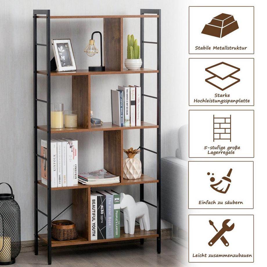 Northix 5-stöckiges Bücherregal Bücherregal mit Metallrahmen Standregal Holz 74 x 30 x 154,5 cm Braun  