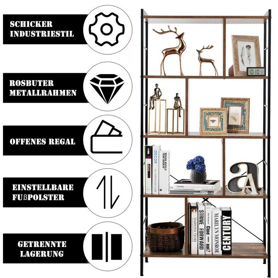 Northix 5-stöckiges Bücherregal Bücherregal mit Metallrahmen Standregal Holz 74 x 30 x 154,5 cm Braun  