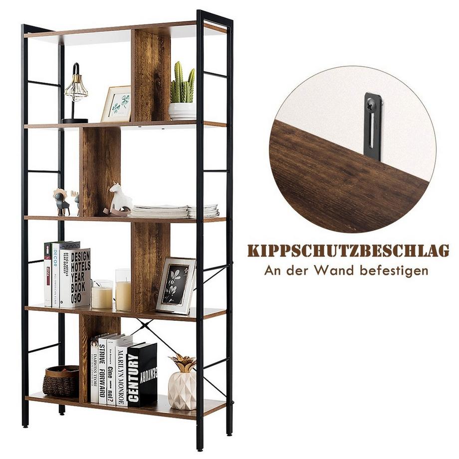 Northix 5-stöckiges Bücherregal Bücherregal mit Metallrahmen Standregal Holz 74 x 30 x 154,5 cm Braun  