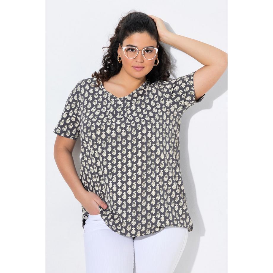 Ulla Popken A-Linie V-Ausschnitt Halbarm T-Shirt mit Zierfalten  