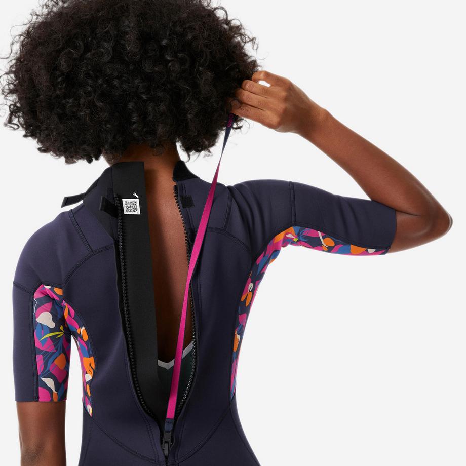 OLAIAN  Shorty surf back zip manches courtes néoprène 1,5mm femme, 500 Pétales 