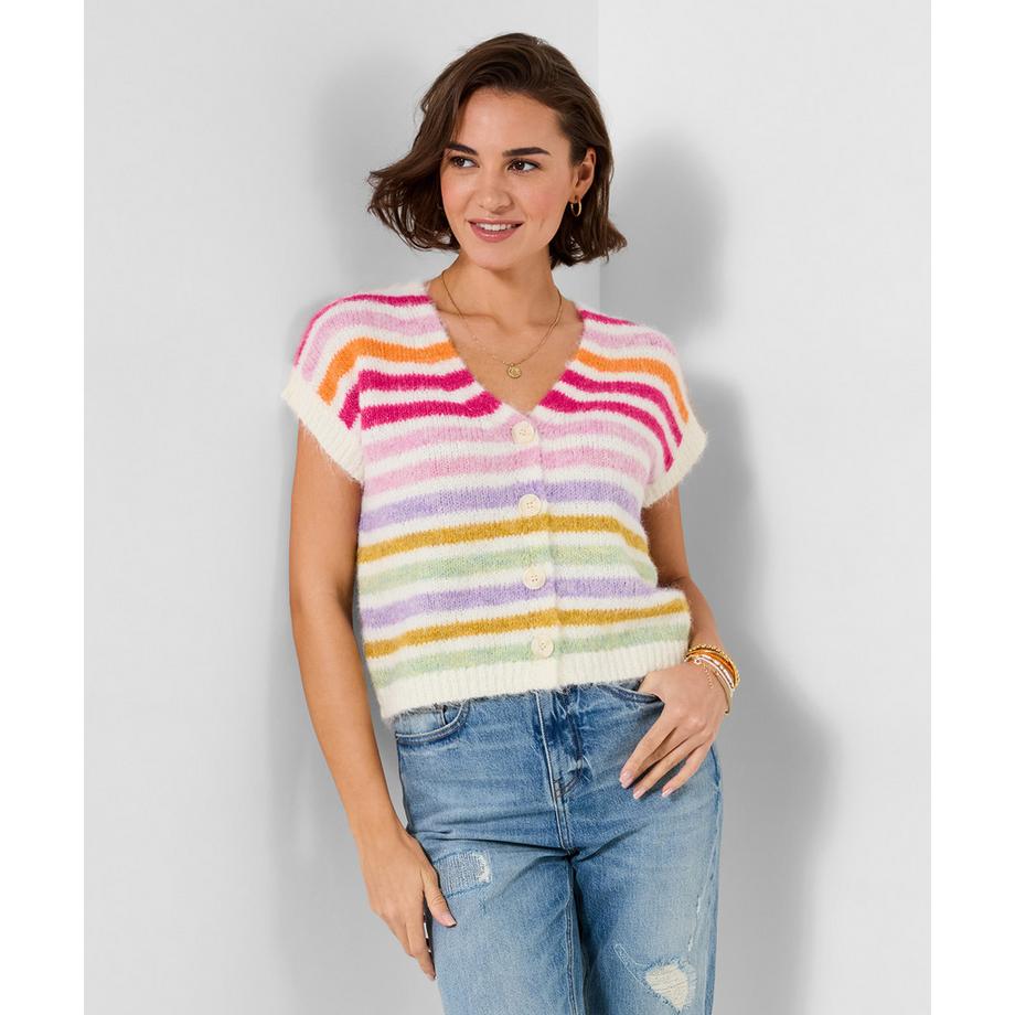 Gestreifte ärmellose Strickjacke mit V-Ausschnitt