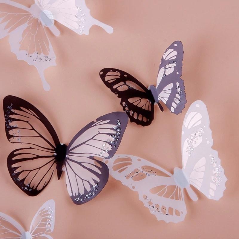 eStore 18x Papillons Décoratifs 3D - Noir et Blanc  