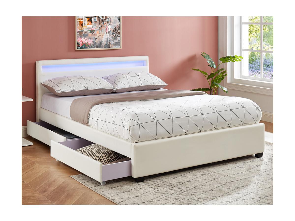 Vente-unique Letto con vani portaoggetti con LED 140 x 190 cm Similpelle Bianco - ALOIS II  