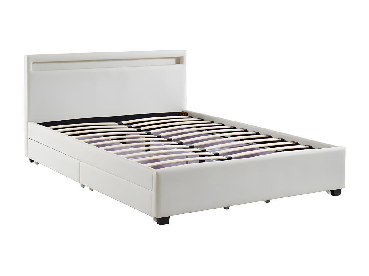 Vente-unique Letto con vani portaoggetti con LED 140 x 190 cm Similpelle Bianco - ALOIS II  