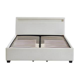 Vente-unique Letto con vani portaoggetti con LED 140 x 190 cm Similpelle Bianco - ALOIS II  