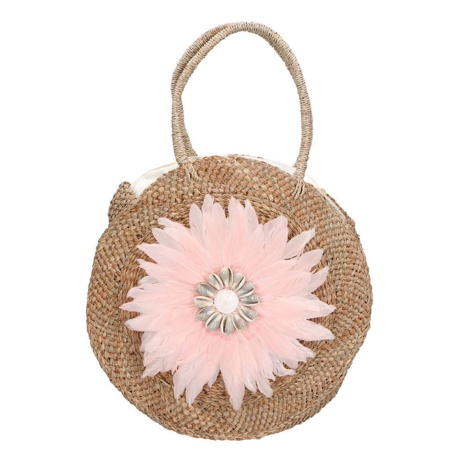 Gave Lux Sac à main rond en paille avec ornements de plumes et de coquillages  