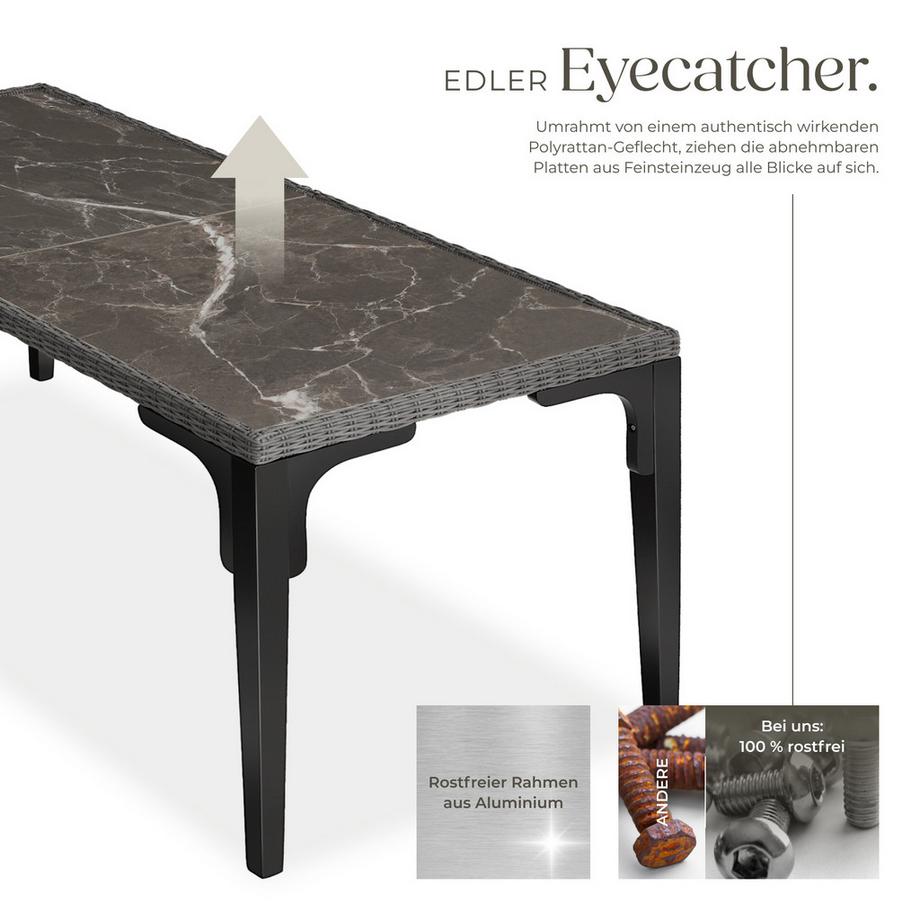 Tectake Rattan Tisch Foggia mit Aluminium- und Holzgestell 2 abnehmbare Feinsteinzeugplatten  