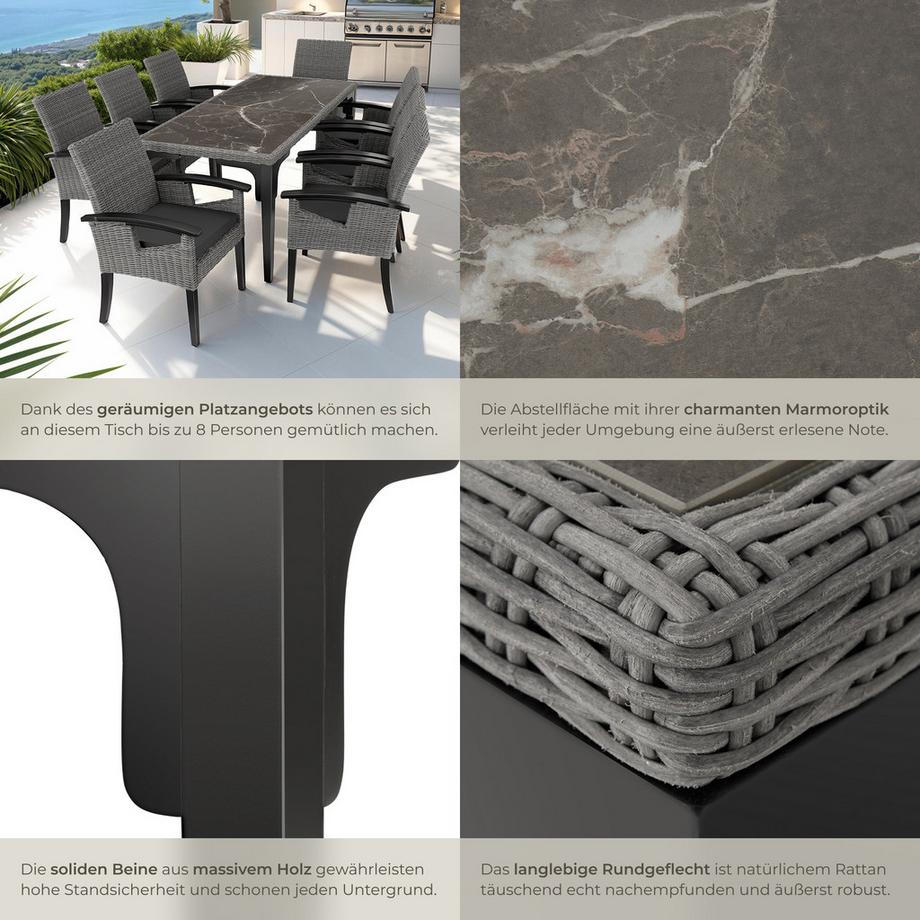 Tectake Rattan Tisch Foggia mit Aluminium- und Holzgestell 2 abnehmbare Feinsteinzeugplatten  