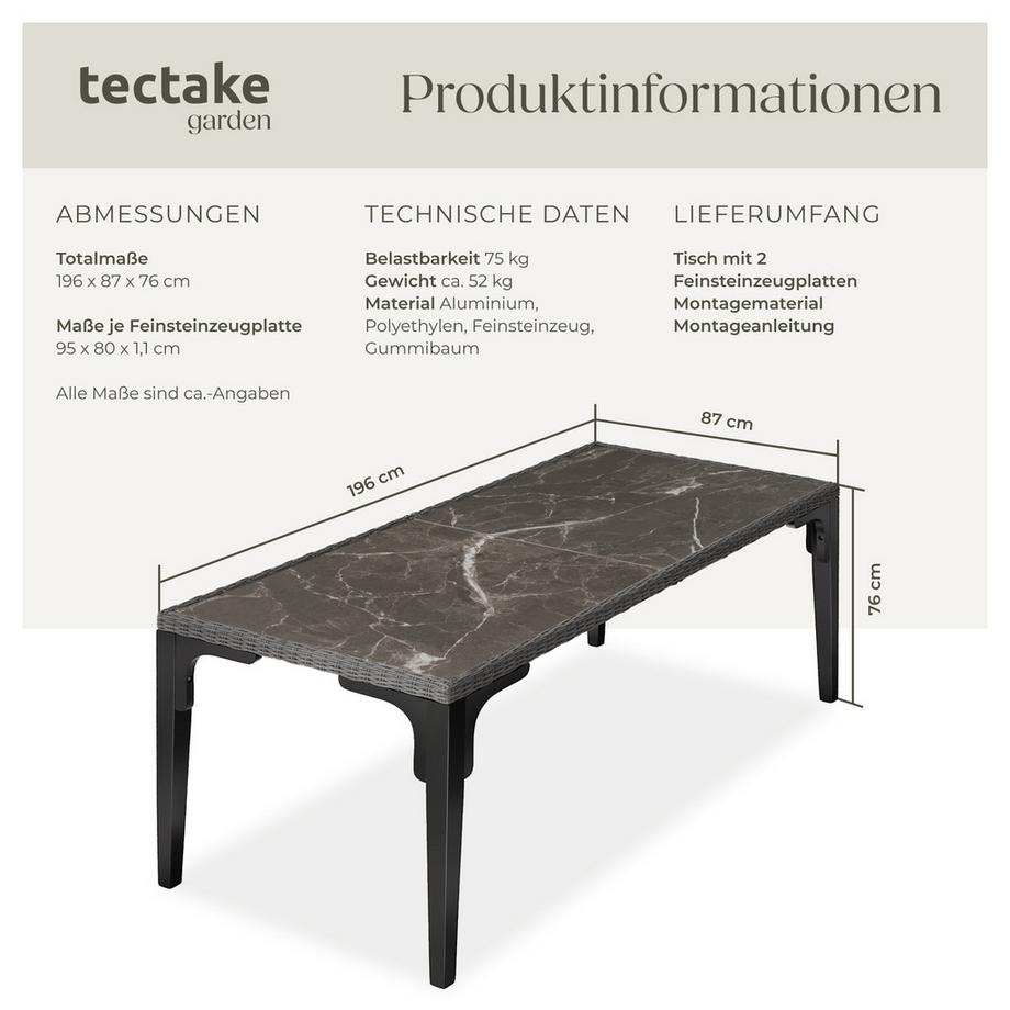 Tectake Rattan Tisch Foggia mit Aluminium- und Holzgestell 2 abnehmbare Feinsteinzeugplatten  