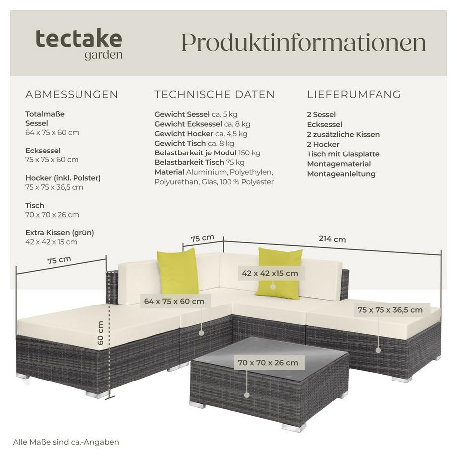 Tectake Canapé de jardin PARIS modulable 5 places  