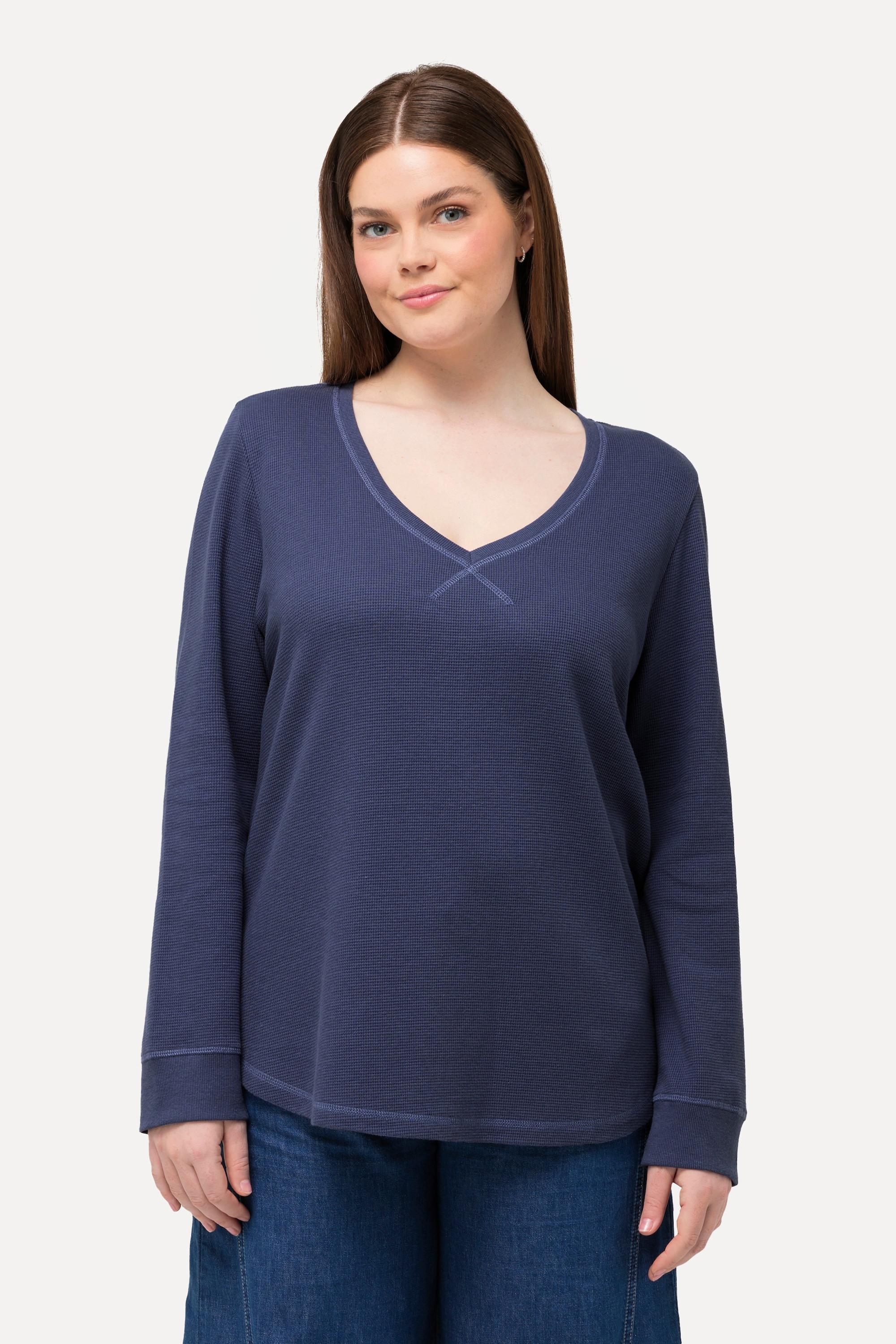 Ulla Popken  Sweat-shirt en molleton texturé, col en V et coton bio 