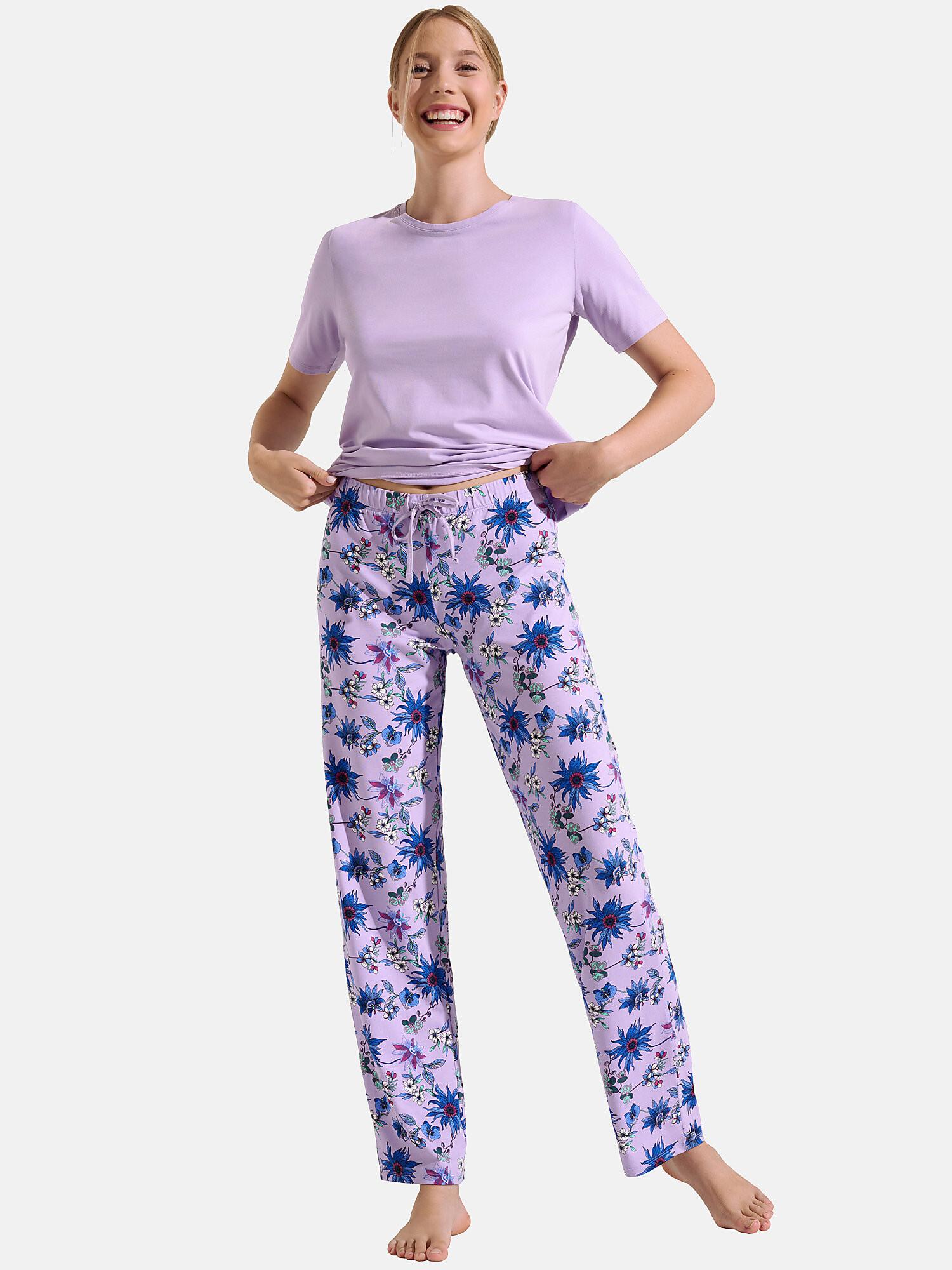 Image of Pyjama Hose T-shirt Kurzarm Flowers Unisex Violett Bedruckt L
