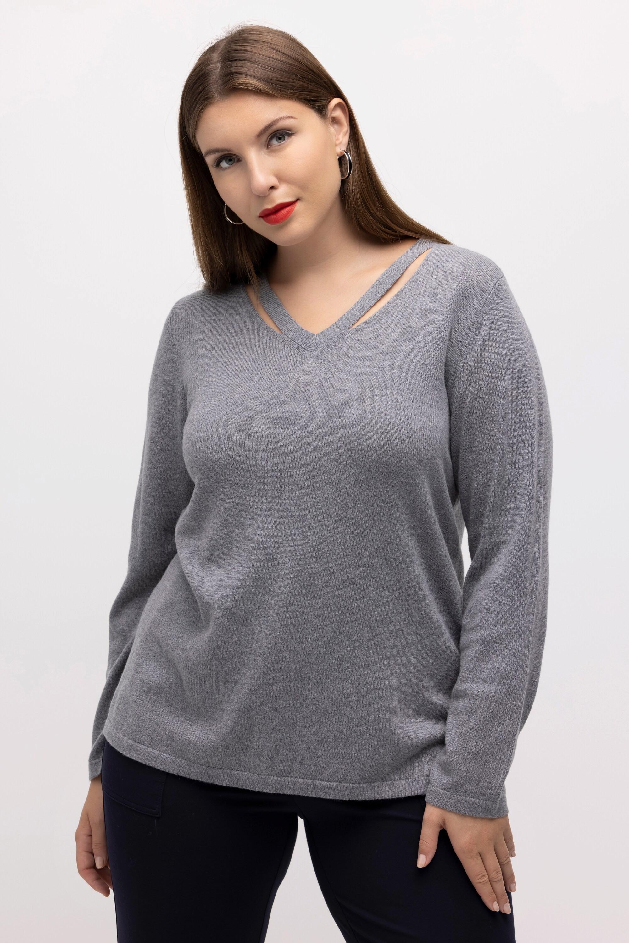 Ulla Popken  Pull en laine, découpe, col en V, manches longues 