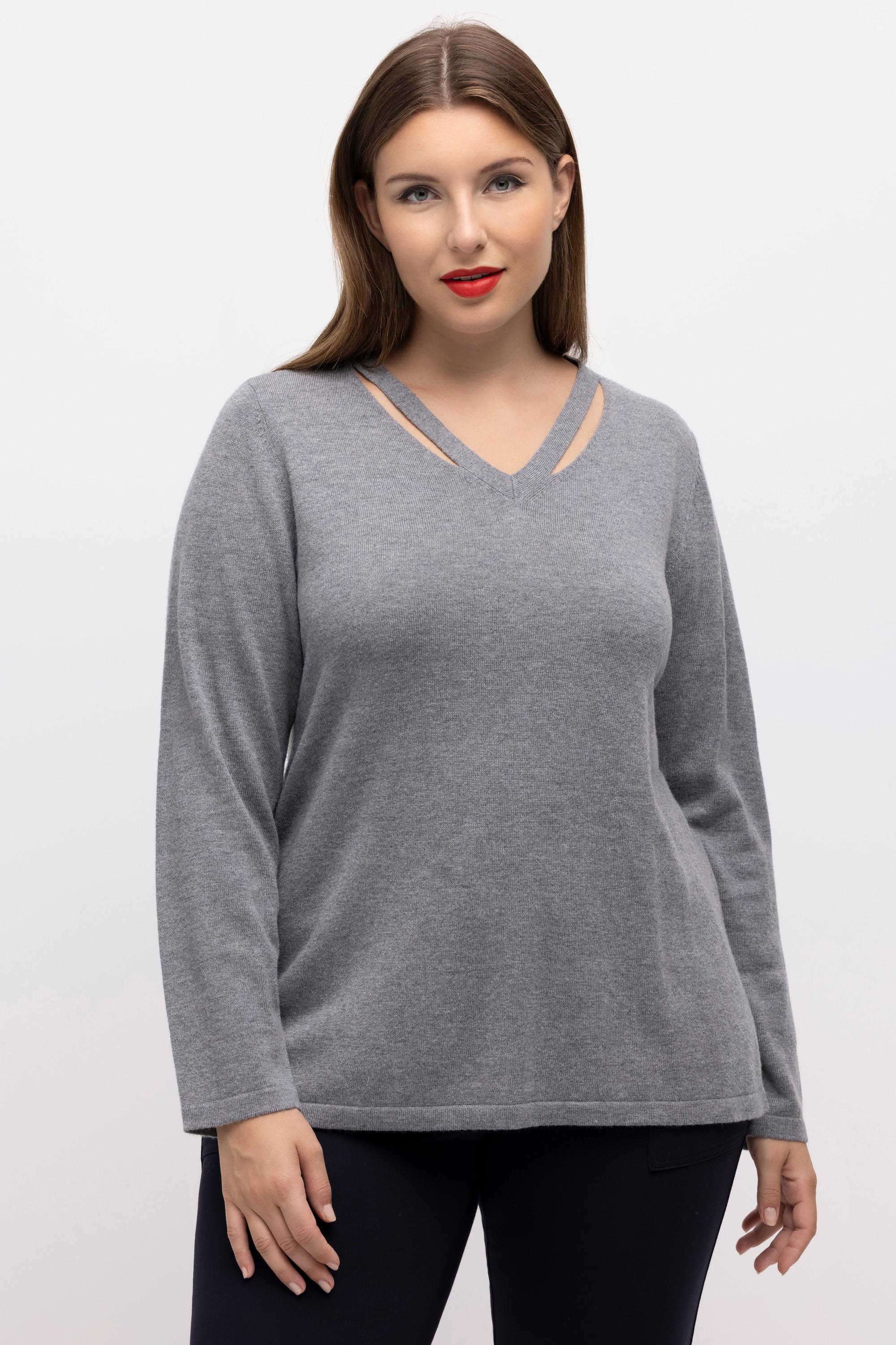 Ulla Popken  Wollpullover, Cut-Outs, V-Ausschnitt, Langarm 