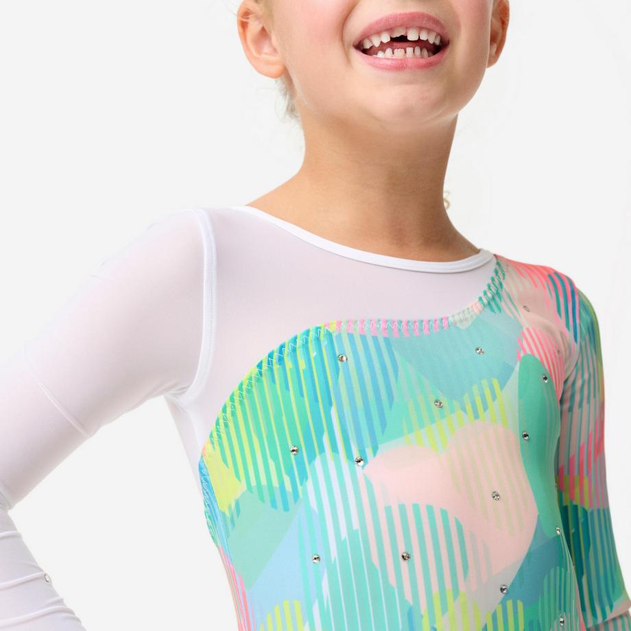 DOMYOS  Justaucorps gym manches longues à strass fille, motif coeur bleu turquoise 