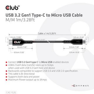 Club3D  CAC-1526 câble USB 1 m USB 3.2 Gen 1 (3.1 Gen 1) USB C Micro-USB B Noir 