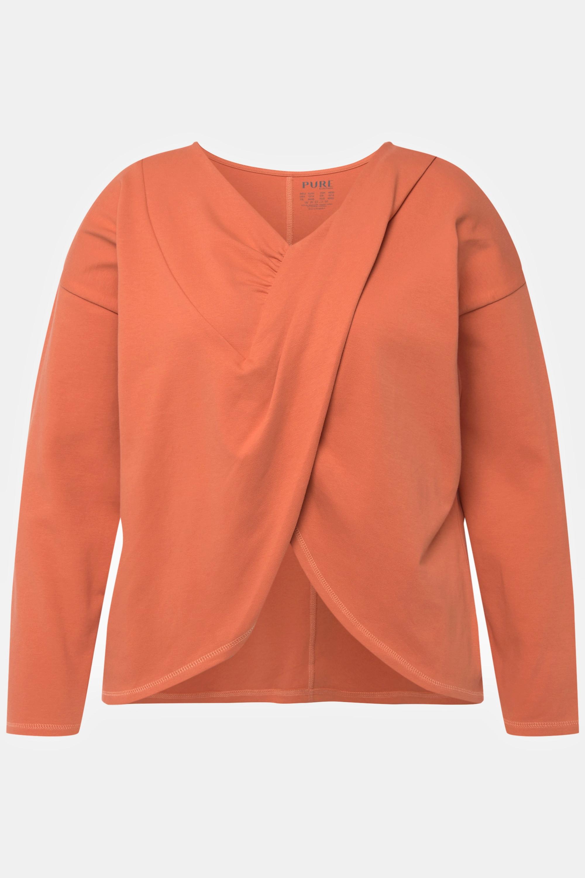 Ulla Popken  Yoga-Shirt, drapiert, V-Ausschnitt, Langarm, Biobaumwolle 