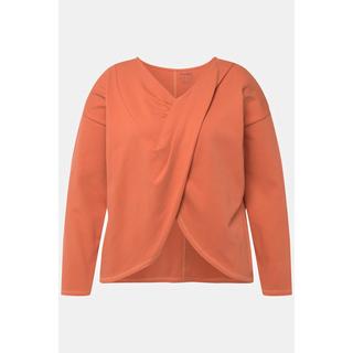 Ulla Popken  Yoga-Shirt, drapiert, V-Ausschnitt, Langarm, Biobaumwolle 