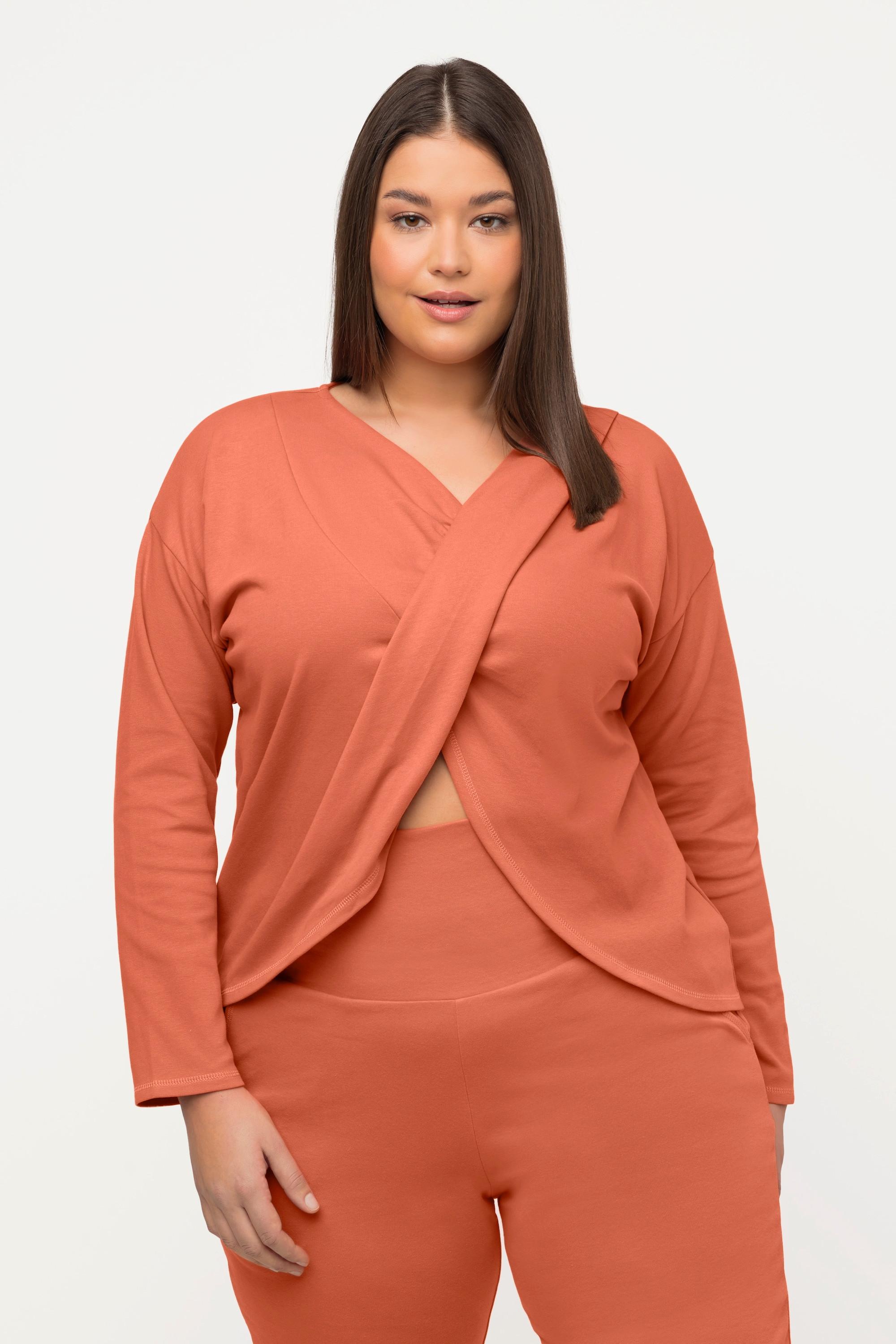 Ulla Popken  Yoga-Shirt, drapiert, V-Ausschnitt, Langarm, Biobaumwolle 