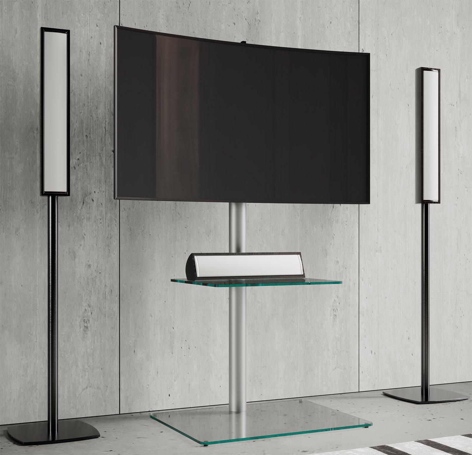 VCM TV Standfuß mit Zwischenboden | Alu Fernseh Ständer | ESG-Sicherheitsglas | Maße ca. H. 100 x B. 60 x T. 45 cm - Alani  