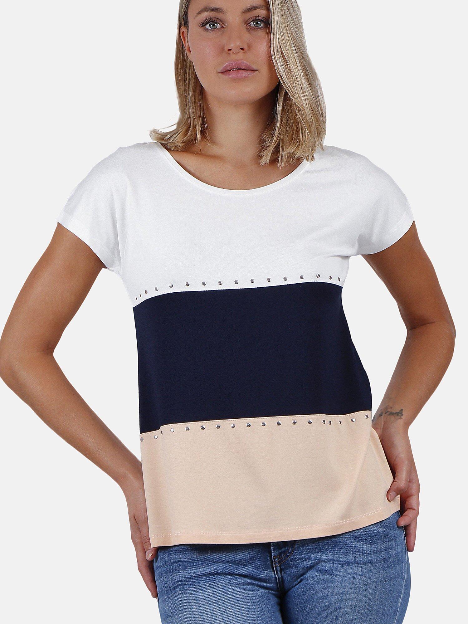 Image of T-shirt Mit Kurzen Ärmeln Tricolor Damen Elfenbein M