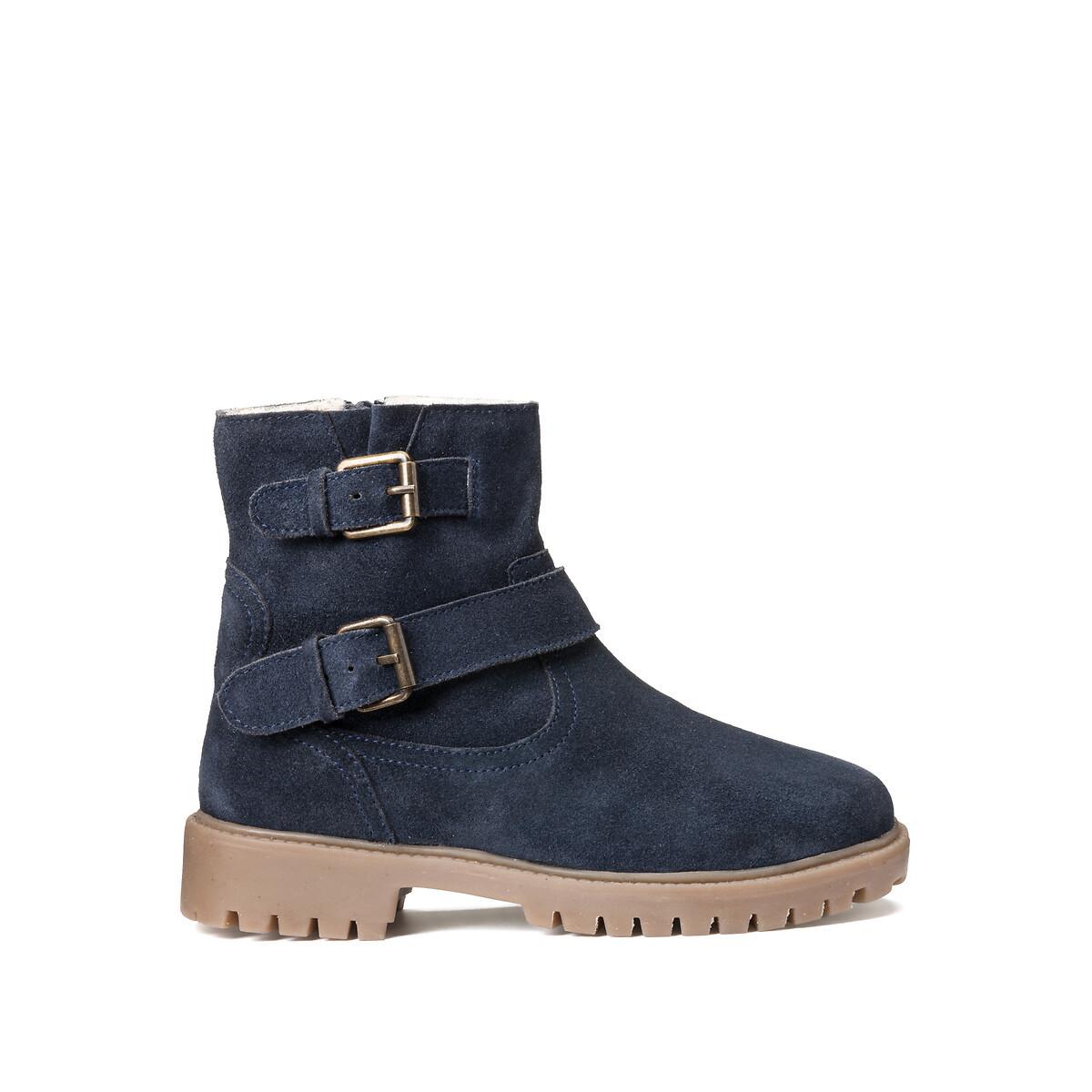 Image of Gefütterte Lederboots Mit Schnallen Und Reissverschluss Damen Blau 31