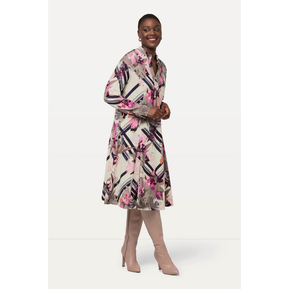 Ulla Popken Abito Midi Punto di Roma Scollo a Tunica Maniche Lunghe  