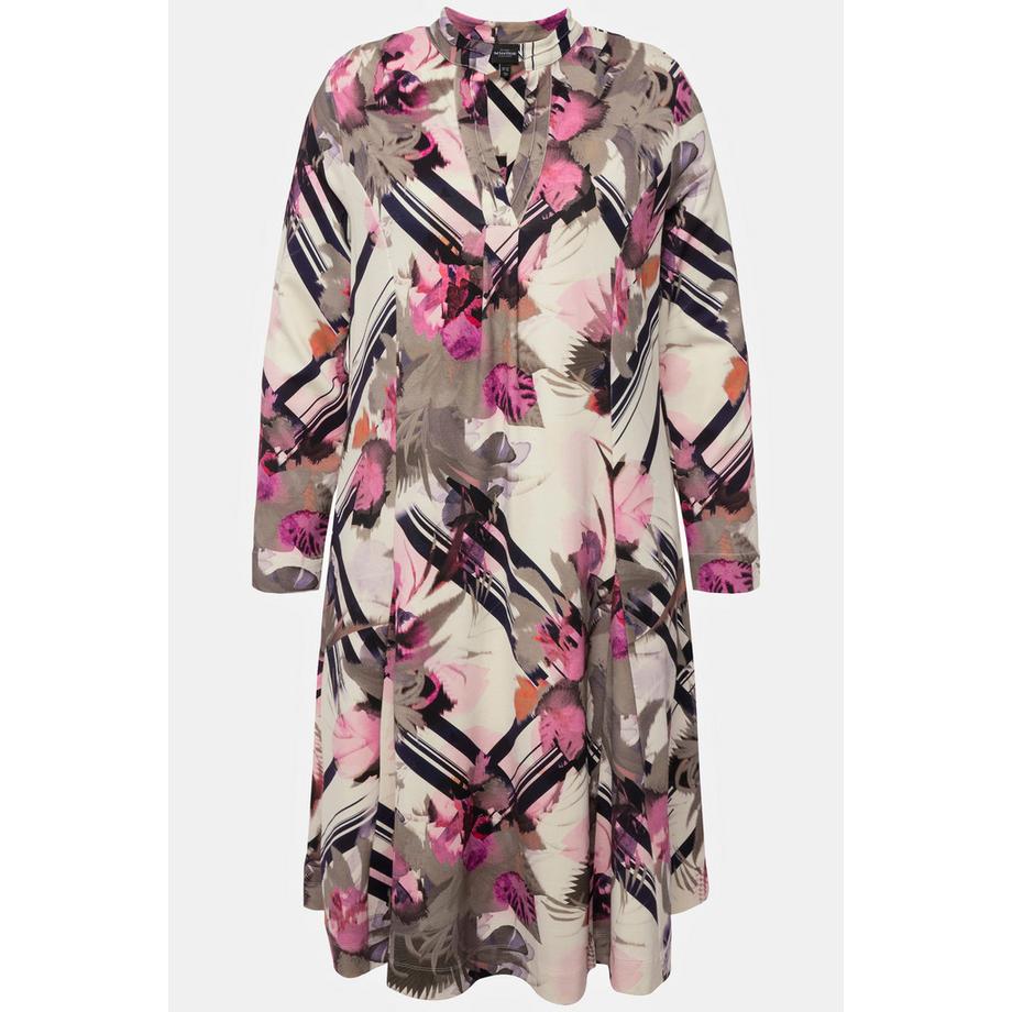 Ulla Popken Abito Midi Punto di Roma Scollo a Tunica Maniche Lunghe  