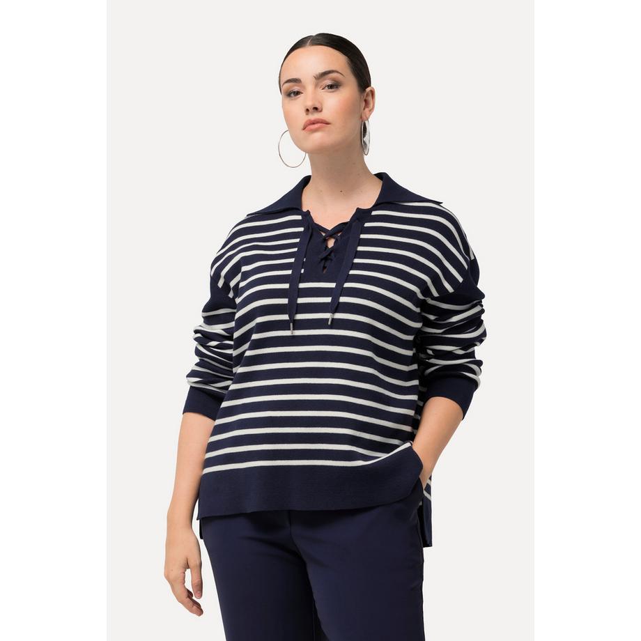 Ulla Popken Righe Collo alla Marinara Allacciatura Maniche Lunghe Pullover  