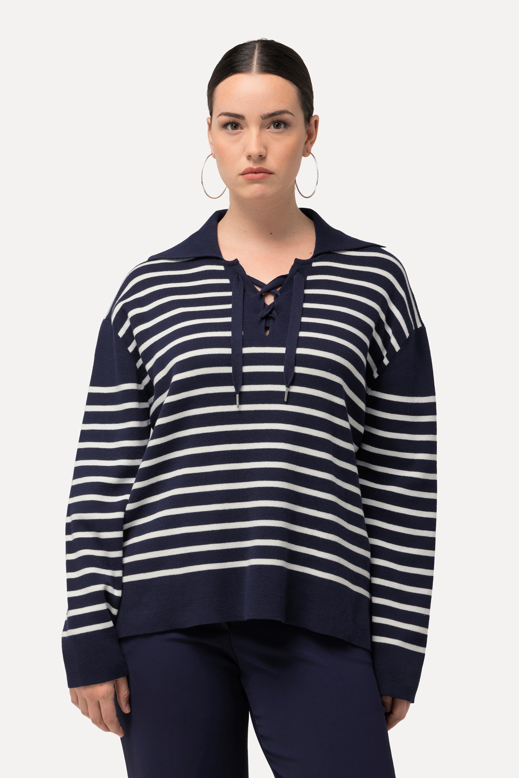 Ulla Popken  Pullover a righe con collo alla marinara, allacciatura e maniche lunghe 