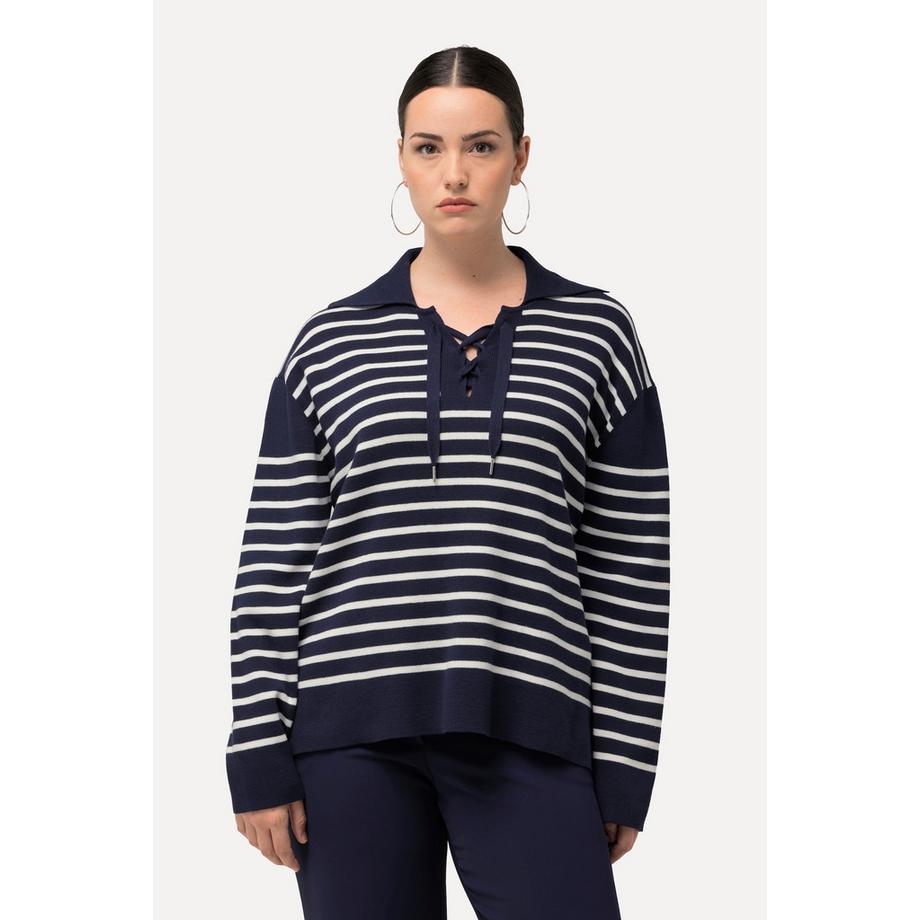 Ulla Popken Righe Collo alla Marinara Allacciatura Maniche Lunghe Pullover  