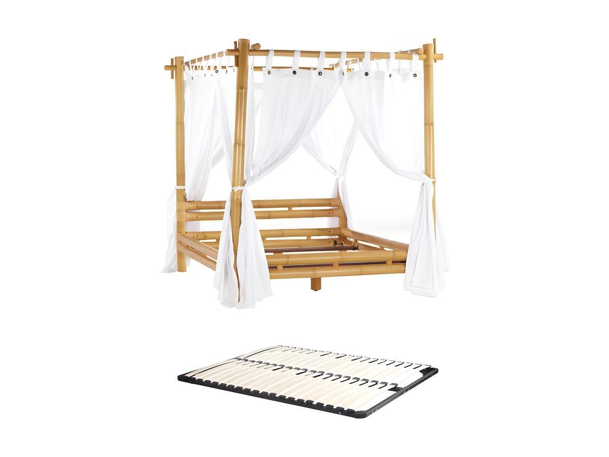Image of Himmelbett mit Vorhang + Lattenrost - 160 x 200 cm - Bambus - Naturfarben - MALINDI Himmelbett mit Vorhang + Lattenrost - 160 x 200 cm - Bambus - Naturfarben - MALINDI