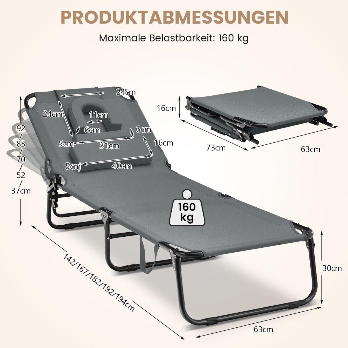 Northix Bain de soleil pliant avec ouverture pour le visage & 3 coussins & dossier réglable en 5 directions gris  