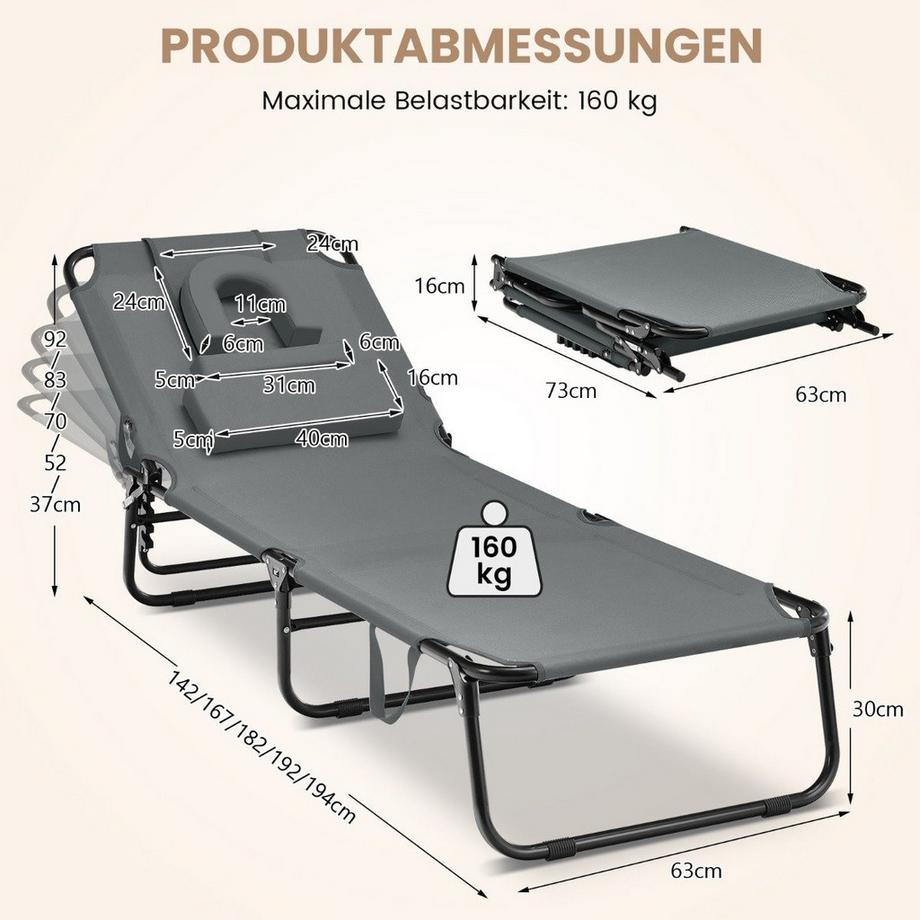 Northix Klappbare Sonnenliege mit Gesichtsöffnung & 3 Kissen & 5-Fach Verstellbarer Rückenlehne Grau  