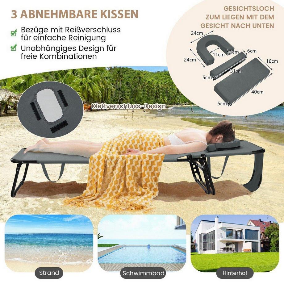 Northix Klappbare Sonnenliege mit Gesichtsöffnung & 3 Kissen & 5-Fach Verstellbarer Rückenlehne Grau  
