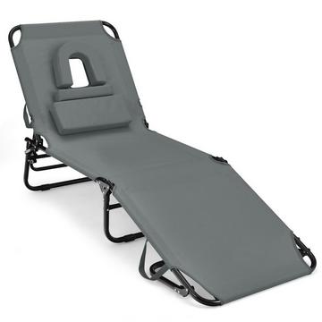 Bain de soleil pliant avec ouverture pour le visage & 3 coussins & dossier réglable en 5 directions gris