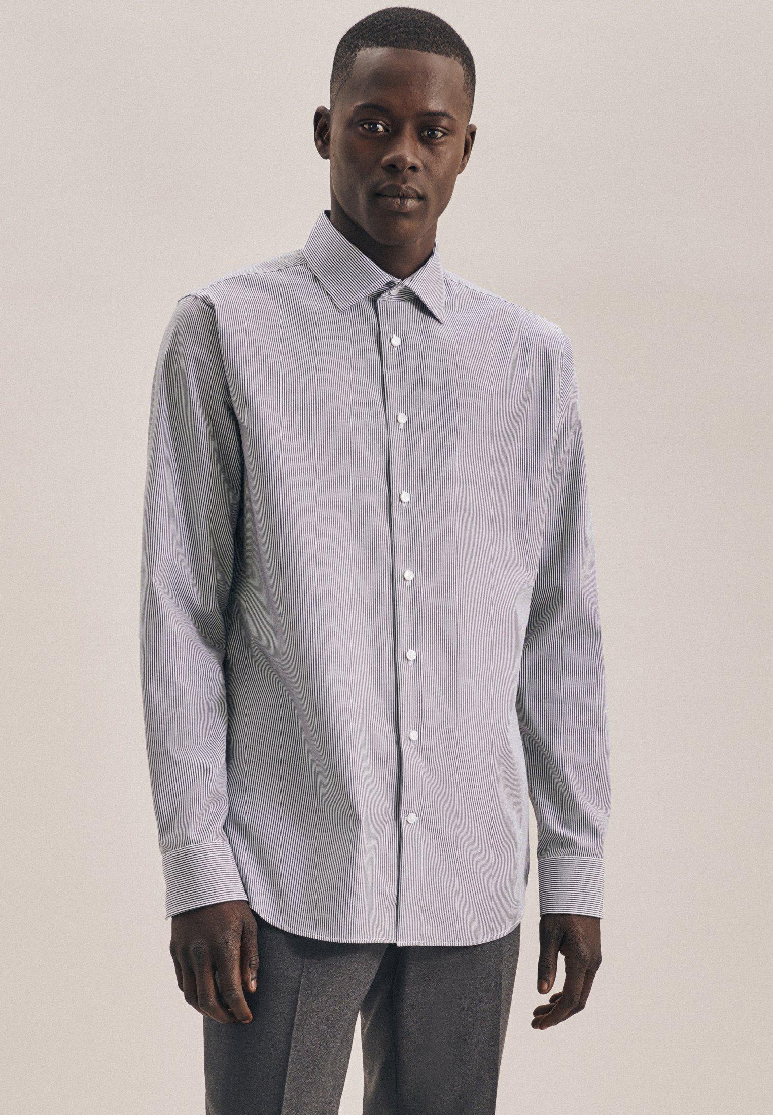 Image of Business Hemd Shaped Fit Langarm Streifen Herren Dunkelblau 39