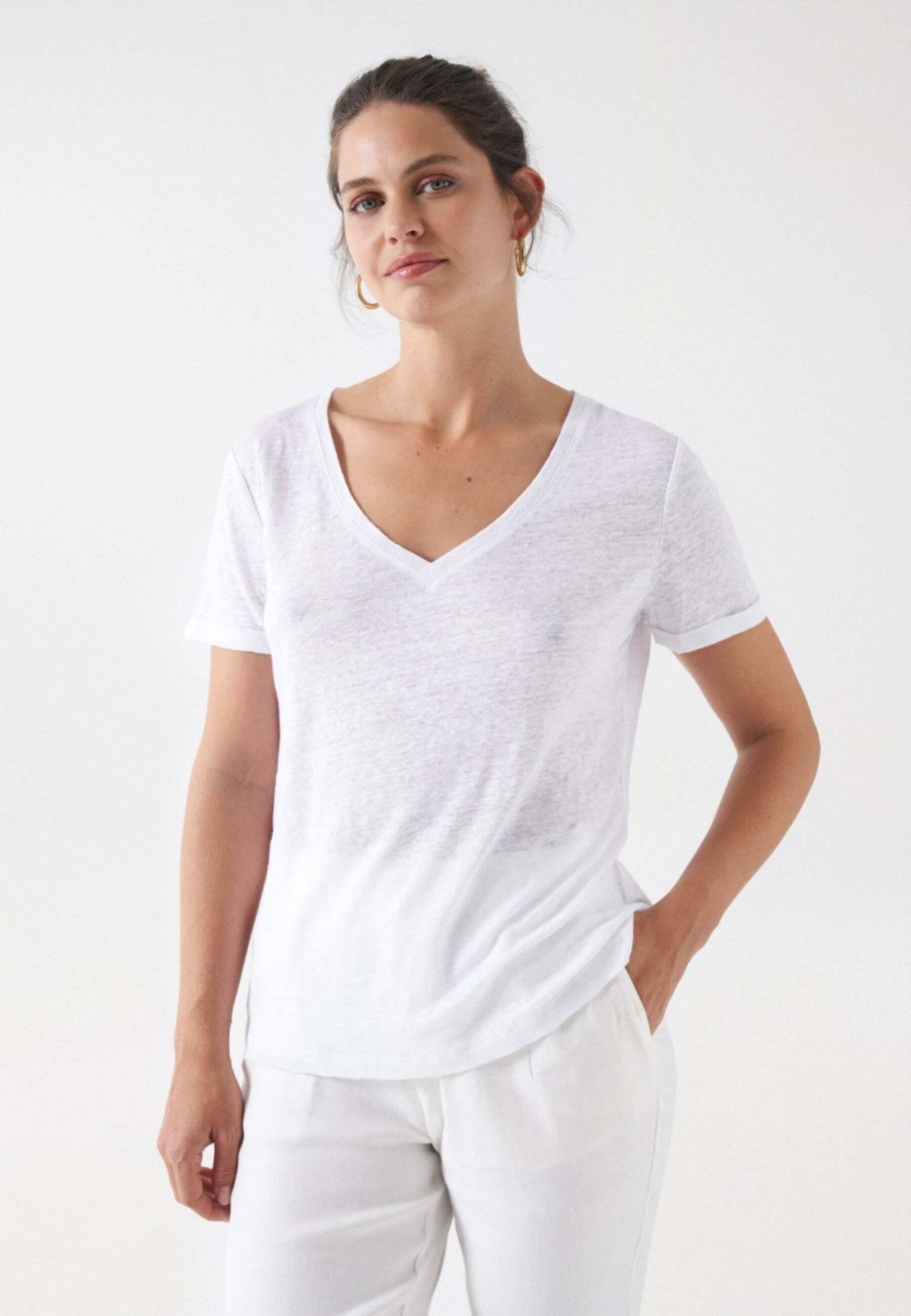 Image of T-shirts Linen V-neck T-shirt Damen Weiss L