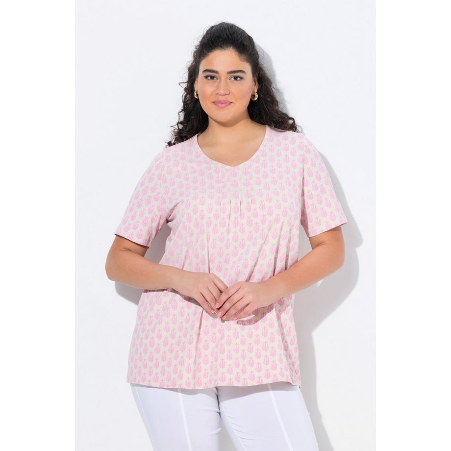 Ulla Popken T-Shirt Linea ad A Scollo a V Mezze Maniche con Pieghe Decorative  