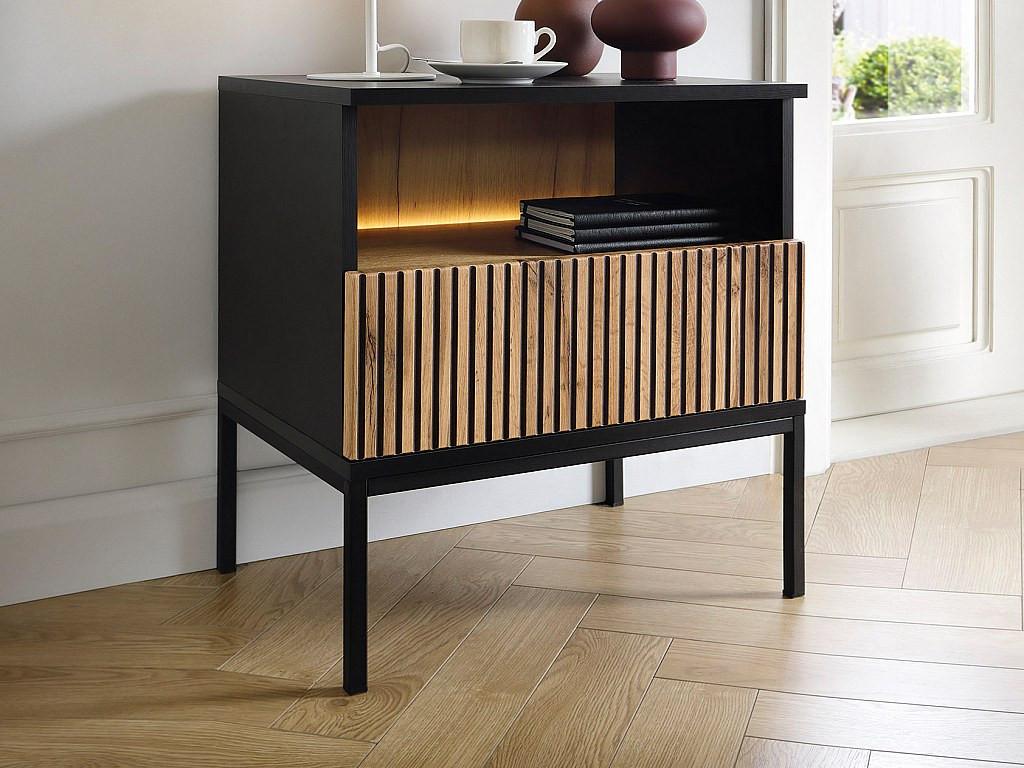 Vente-unique Comodino con 1 cassetto e 1 nicchia Con LED Nero e naturale - Lotto di 2 - OVILA  