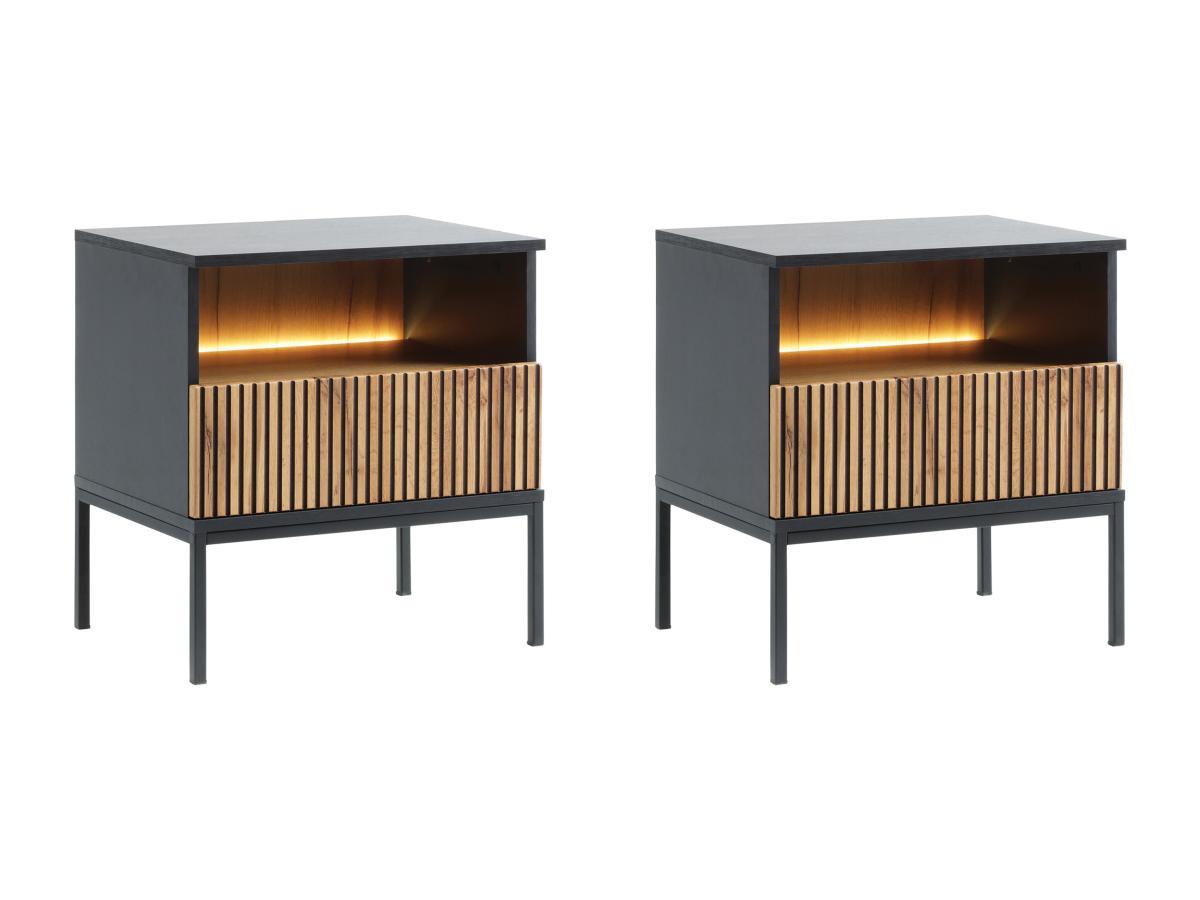 Vente-unique Lot de 2 tables de chevet avec 1 tiroir et 1 niche - Avec LEDs - Noir et naturel - OVILA  