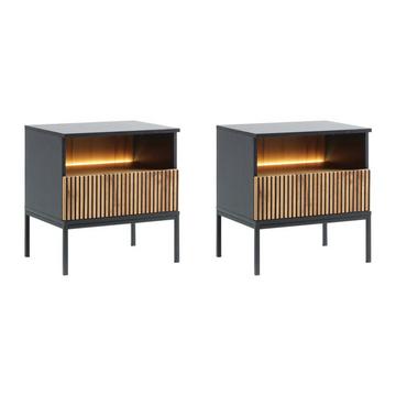 Lot de 2 tables de chevet avec 1 tiroir et 1 niche - Avec LEDs - Noir et naturel - OVILA