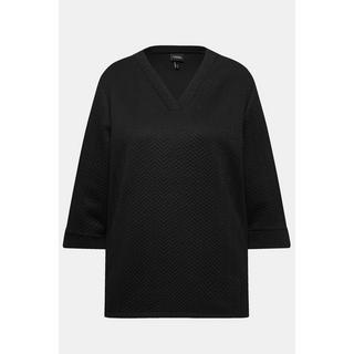 Ulla Popken  Sweat-shirt à manches 3/4 et col en V, tissu texturé 